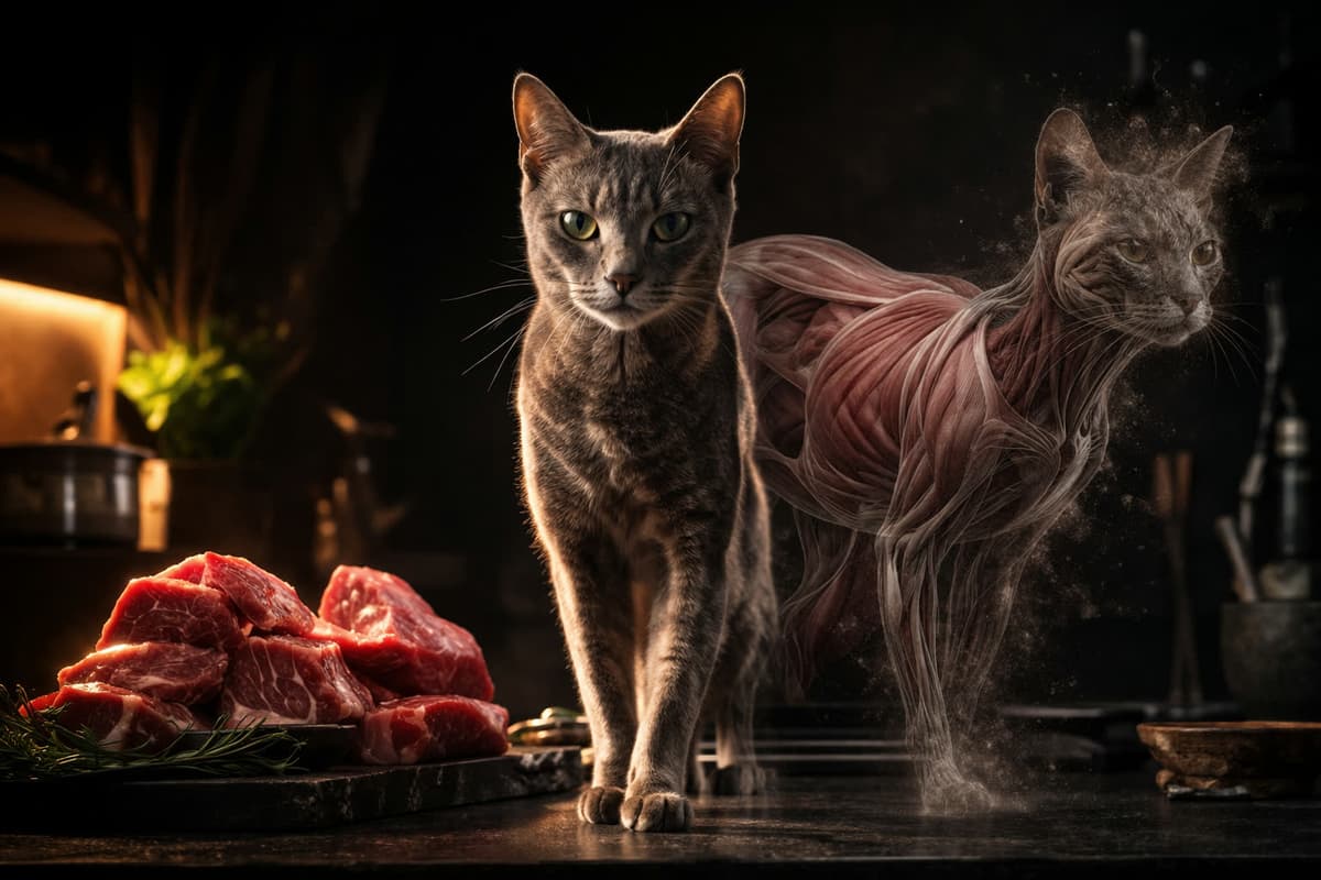 An anatomical cross-section of a cat showing the liver and muscle fibers — a visualization of gluconeogenesis and muscle breakdown under protein deficiency