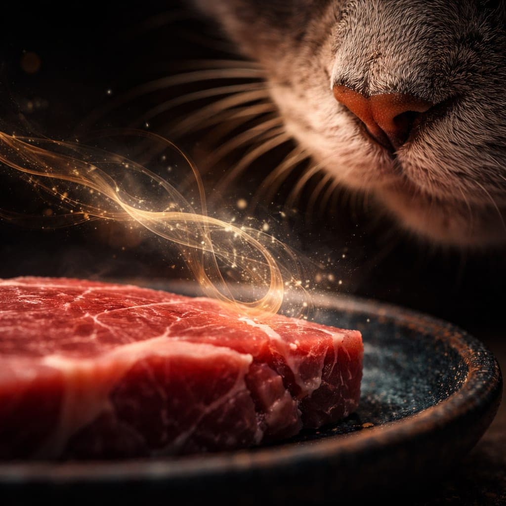 A cat sniffing a steaming bowl of meat, contrasted with a bowl straight from the fridge