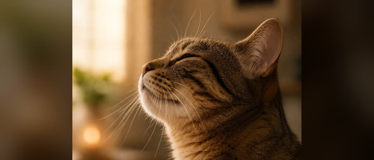 A tabby cat with its head raised and eyes closed in warm light, calm — as if purring