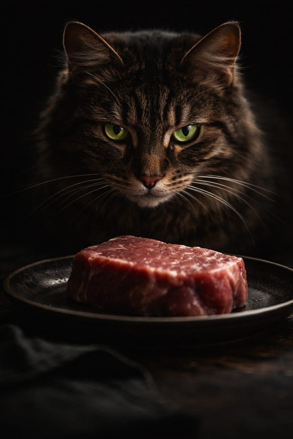 A cat by a bowl of raw meat, with a macronutrient infographic of 52/36/12