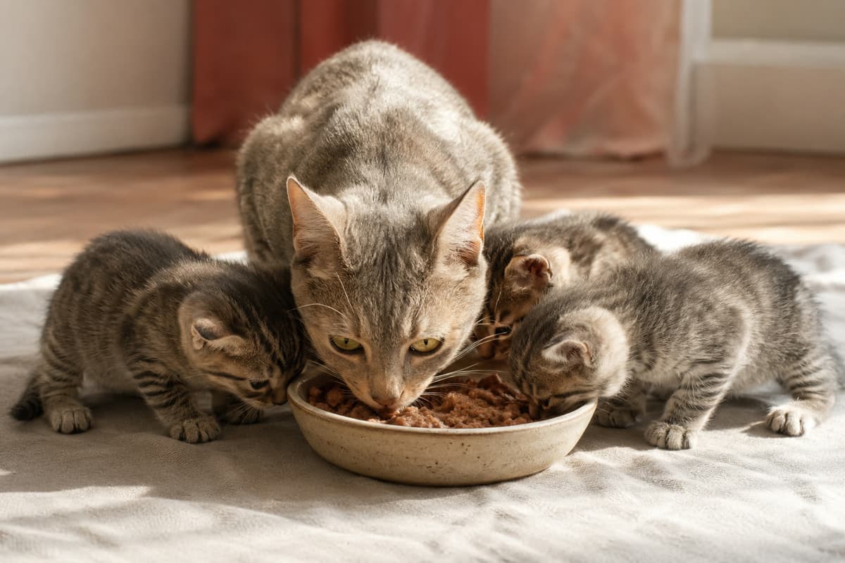 A mother cat eating from a bowl with three kittens copying her as they learn to eat — the critical 5-8 week window of life