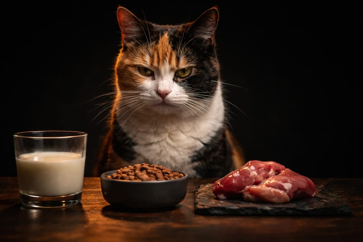 Three bowls with different forms of feline food — raw meat, cooked meat, and dry food