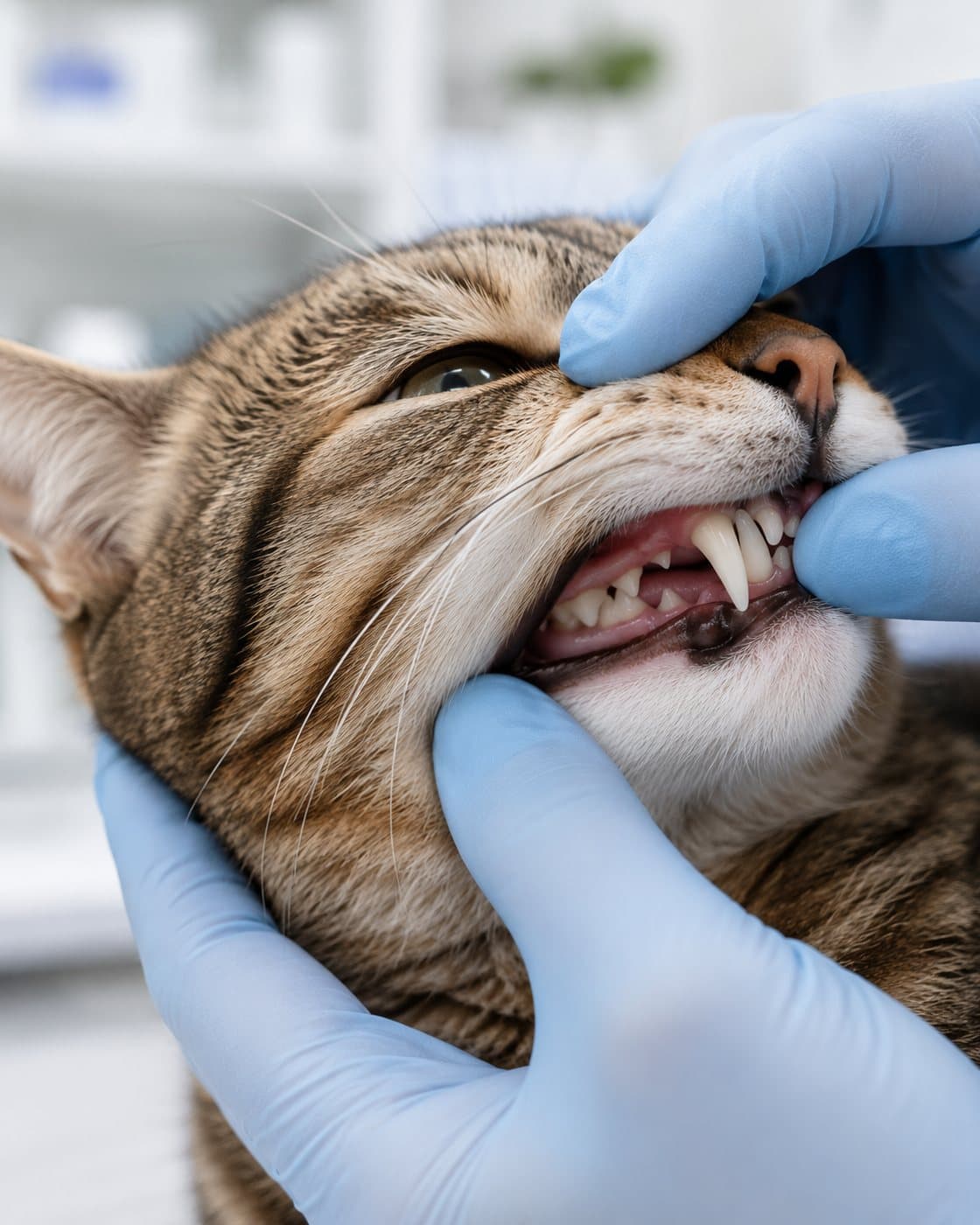 A vet in blue gloves examines the teeth of a tabby cat